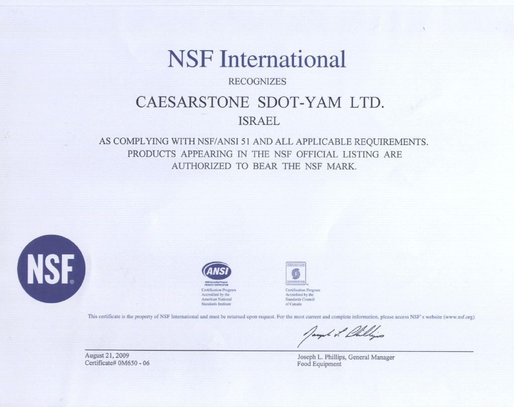 Caesarstone. Certifikat međunarodne organizacije NSF International